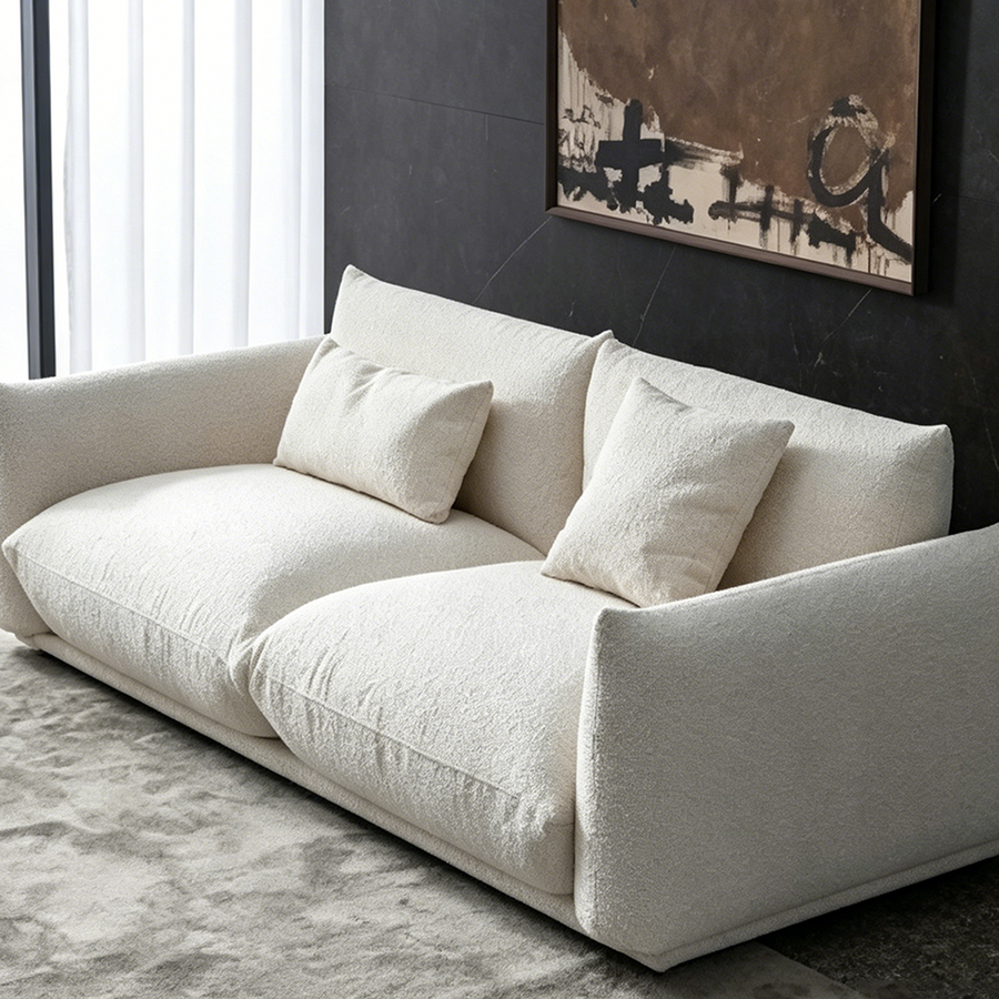 Tate Two Seater, Three Seater Sofa, Boucle Or Velvet front view as a white two seater sofa