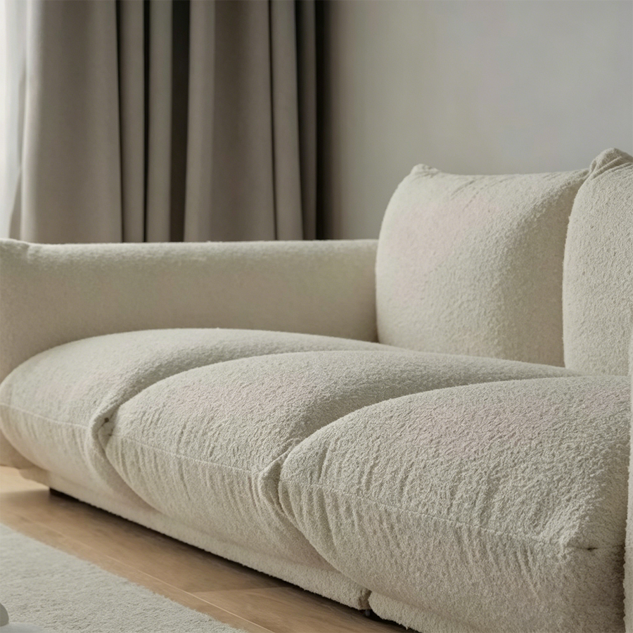 Tate Two Seater, Three Seater Sofa, Boucle Or Velvet side view and sofa proportion