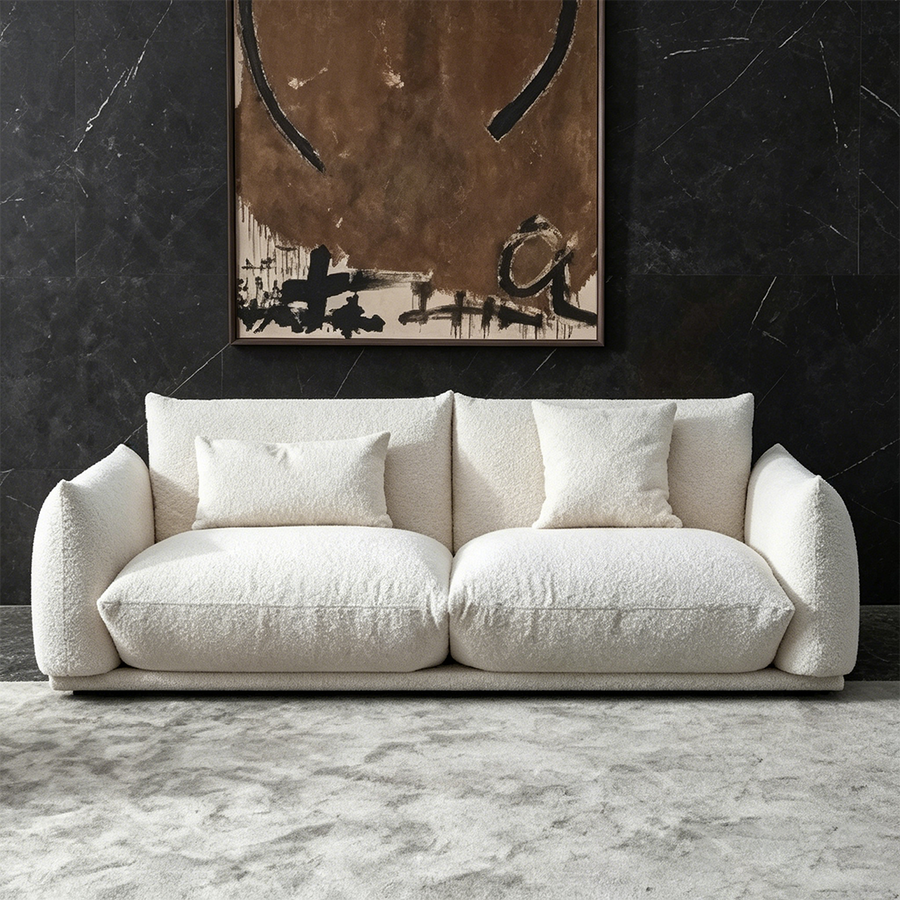 Tate Two Seater, Three Seater Sofa, Boucle Or Velvet lifestyle view with white two seater sofa