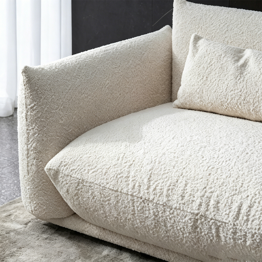 Tate Two Seater, Three Seater Sofa, Boucle Or Velvet upholstery and cushion detail