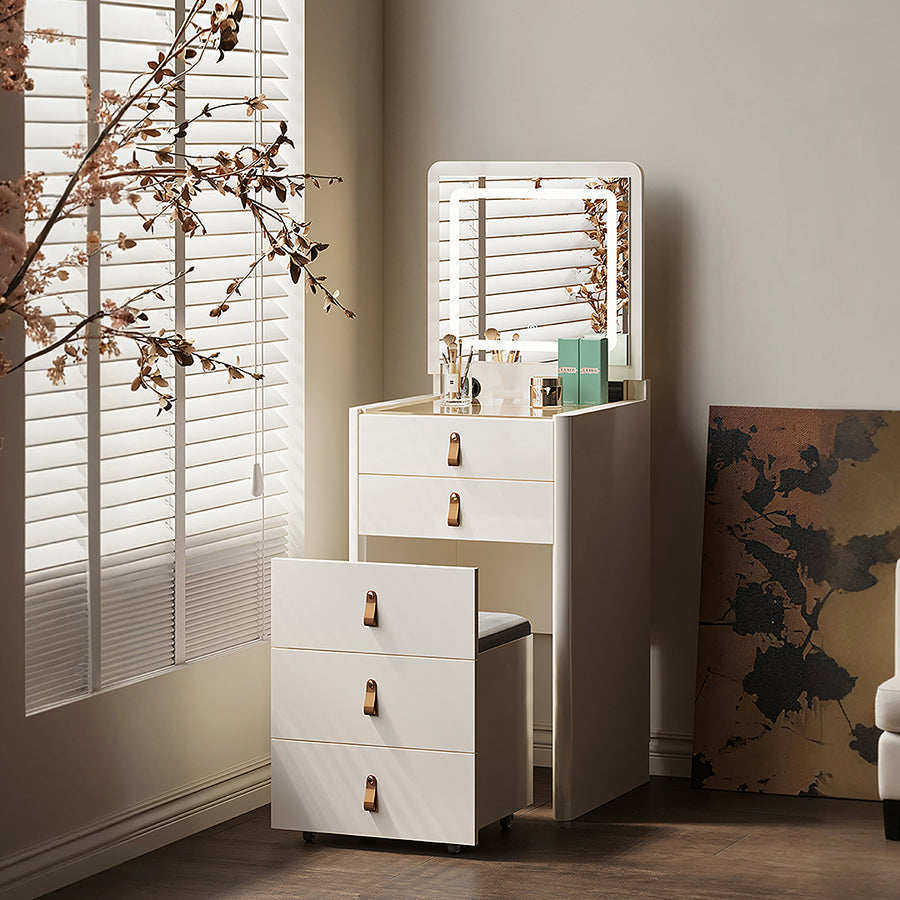 Flores Small Dressing Table With LED Mirror & Chair, Off White for modern UK living room