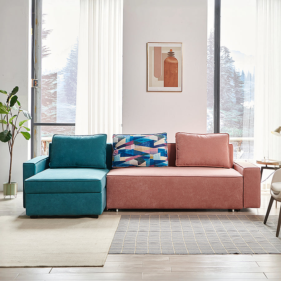 Adnan L Shape Three Seater Corner Sofa Bed, With Storage, Blue & Pink lifestyle view with sofa bed with chaise and storage