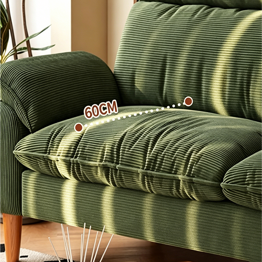 Rodríguez Two Seater, Three Seater, Four Seater Corduroy Sofa, Green, Ash Wood front view as a modern two seater sofa