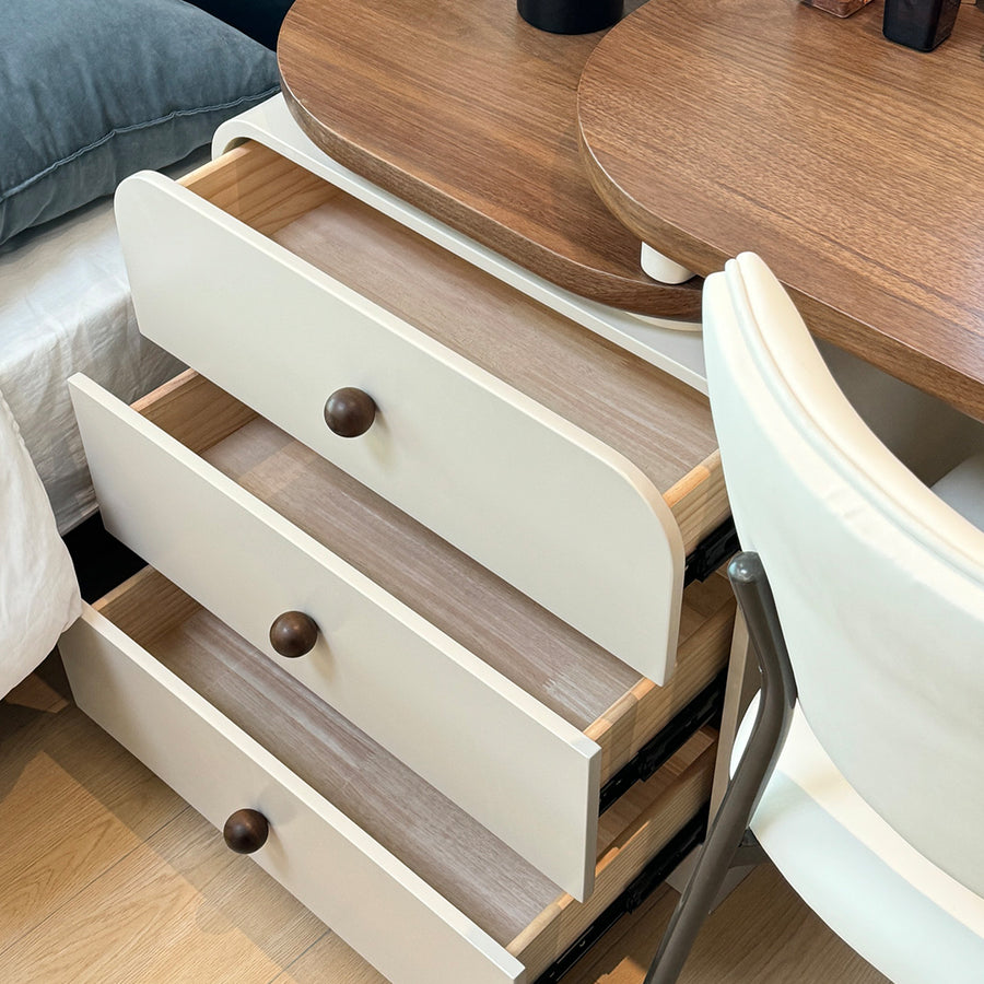 Jackson Dressing Table With Chest Of Drawers & Round Mirror, Solid Wood storage detail and media unit finish