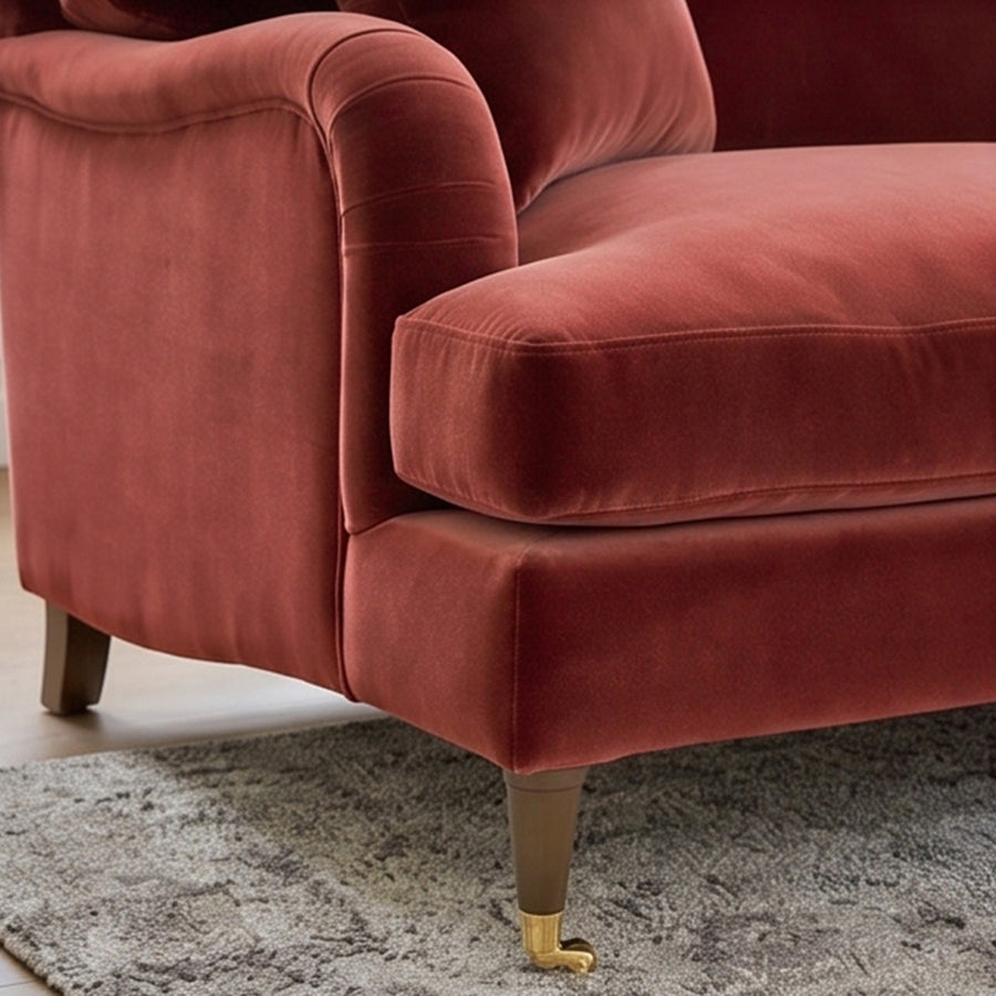 Shafique Two Seater Sofa, Loveseat, Velvet or Linen upholstery and cushion detail