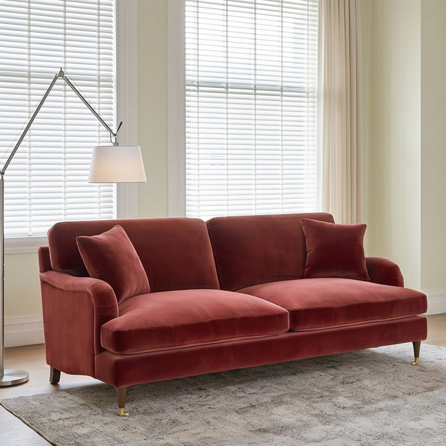 Shafique Two Seater Sofa, Loveseat, Velvet or Linen lifestyle view with cream two seater sofa