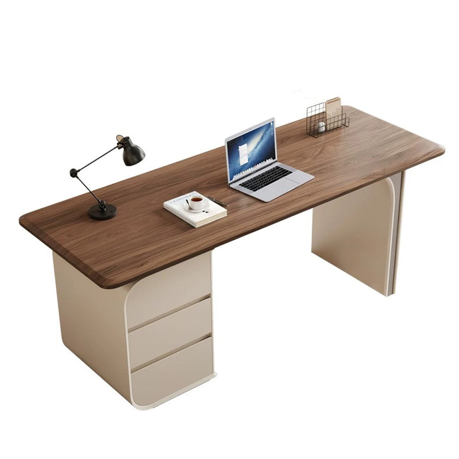 Ahn Office Desk With Storage, Walnut & Cream