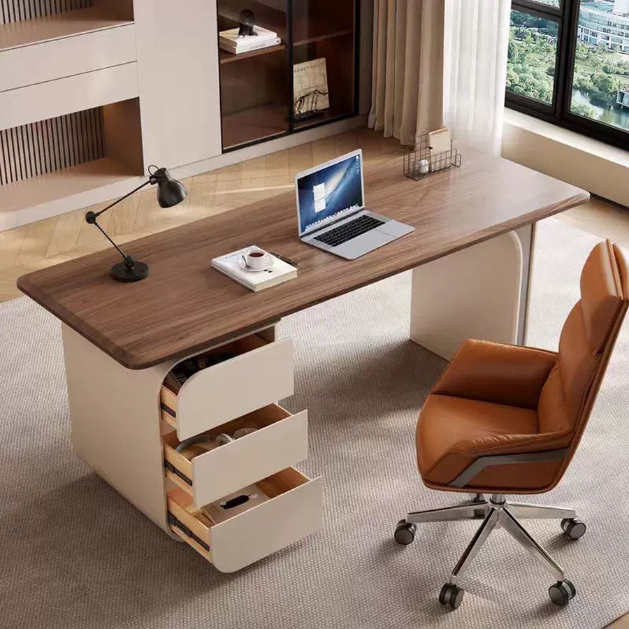 Ahn Office Desk With Storage, Walnut & Cream