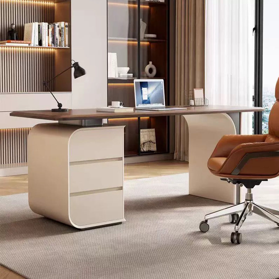Ahn Office Desk With Storage, Walnut & Cream