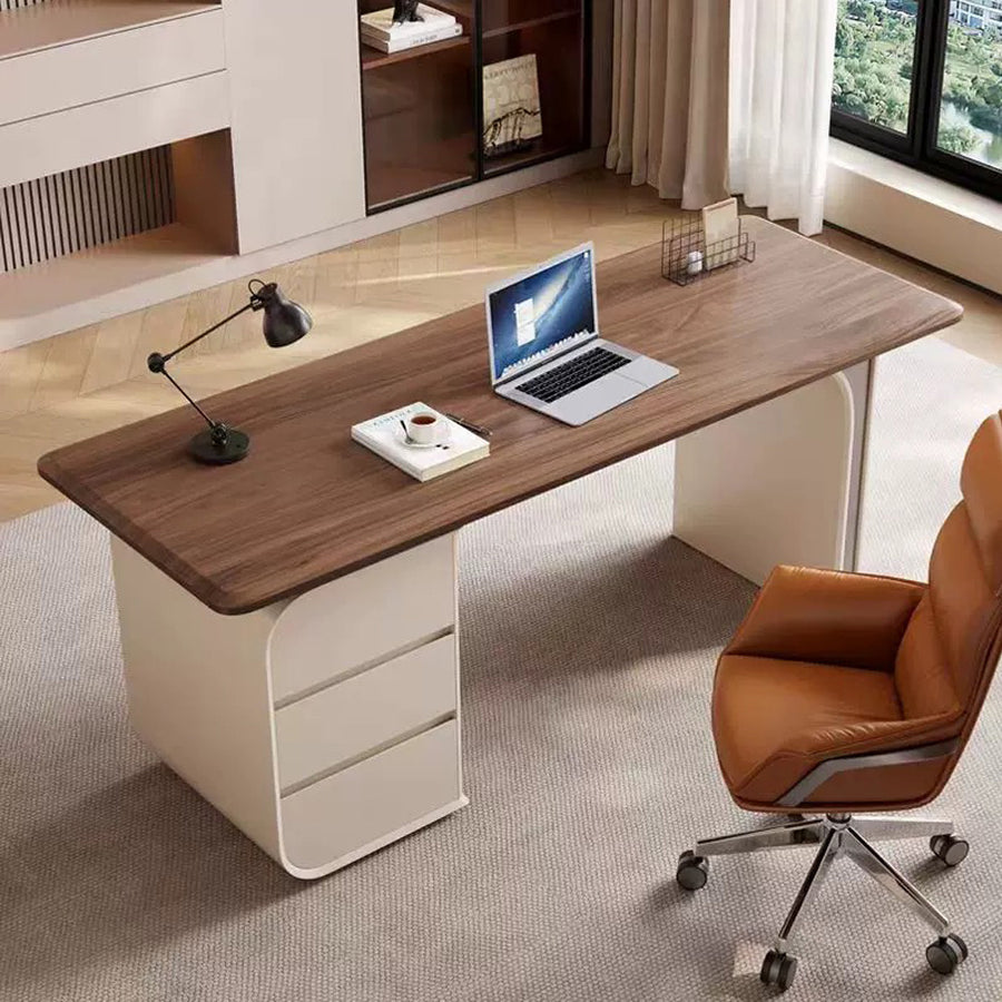Ahn Office Desk With Storage, Walnut & Cream