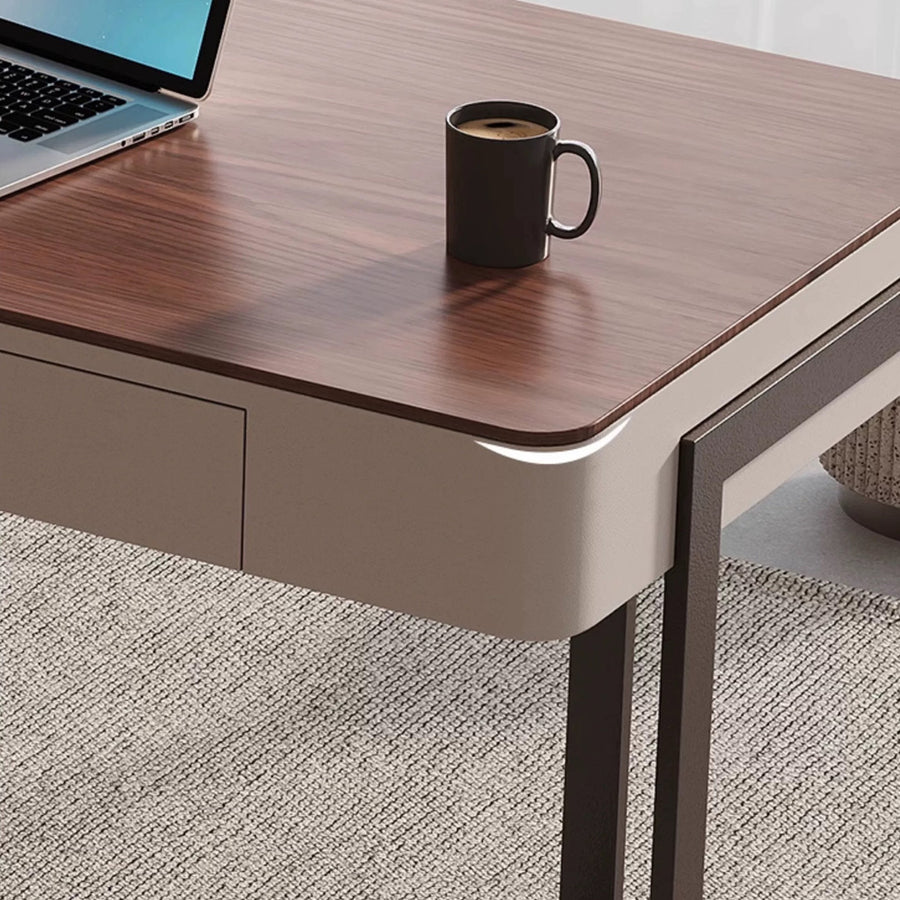 Amir Office Desk With Storage Drawers, Cream & Walnut