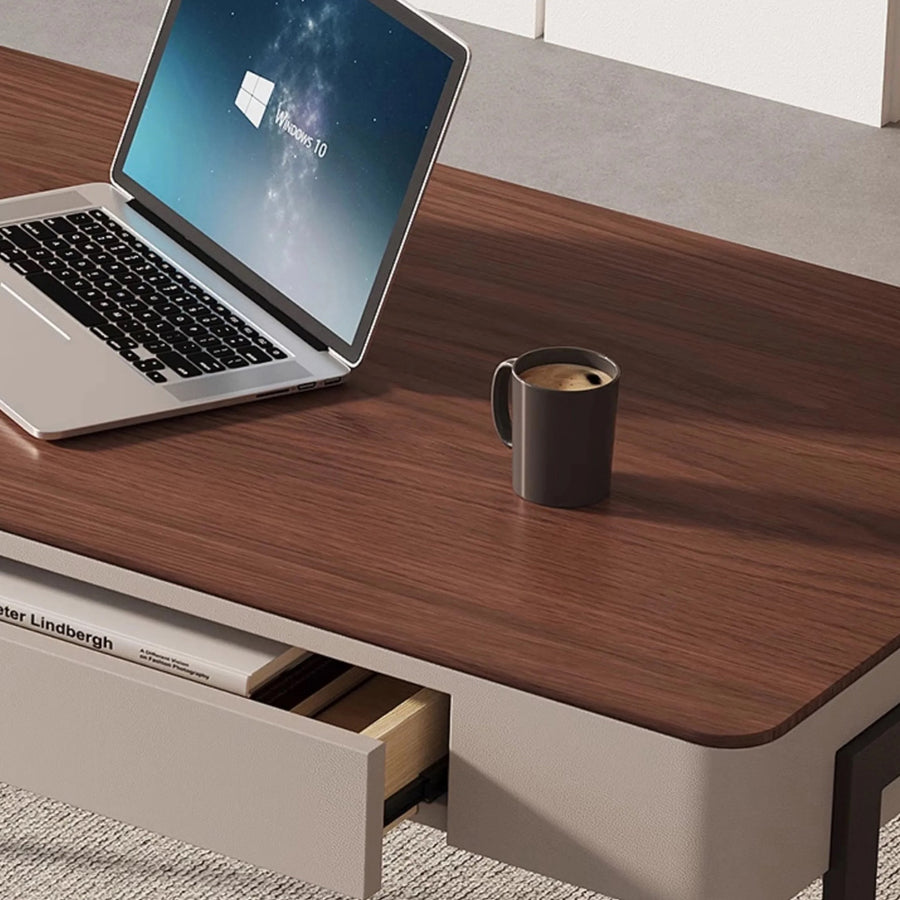 Amir Office Desk With Storage Drawers, Cream & Walnut