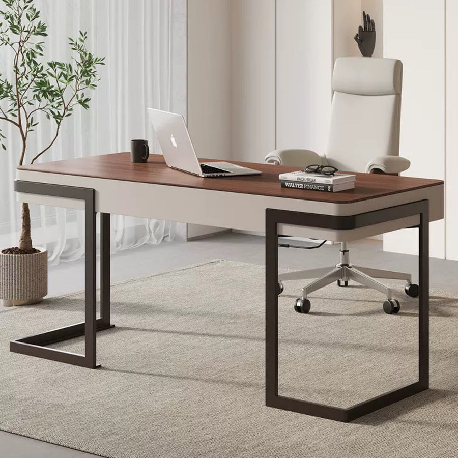 Amir Office Desk With Storage Drawers, Cream & Walnut