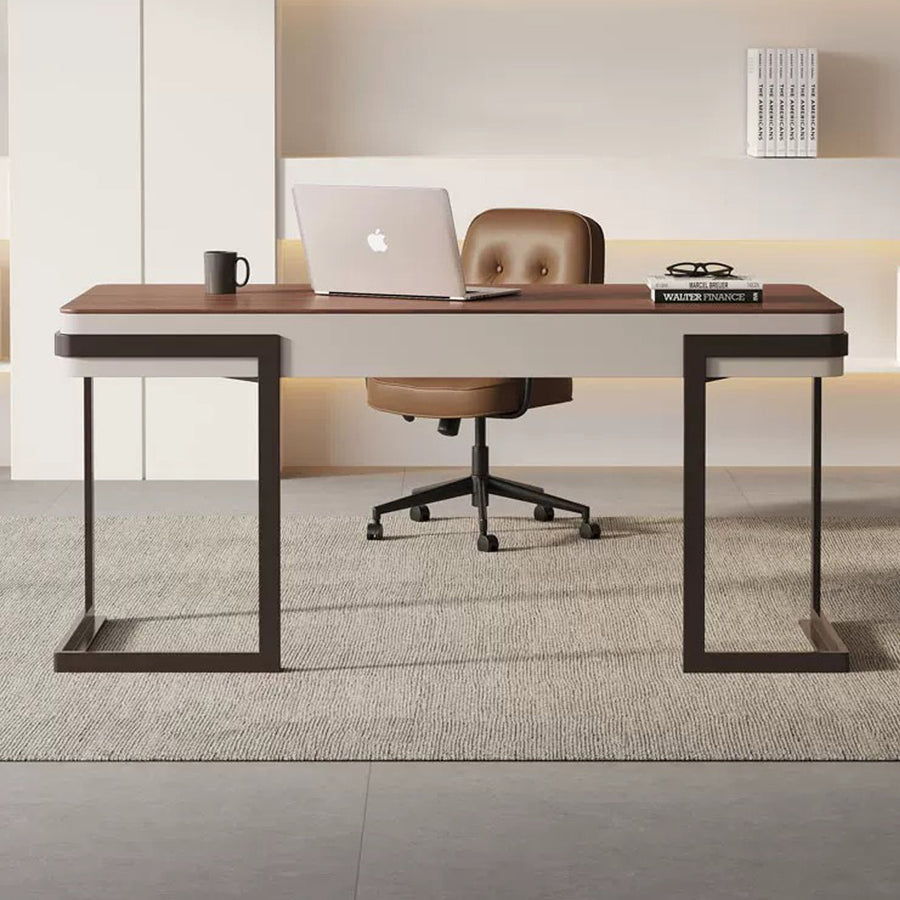 Amir Office Desk With Storage Drawers, Cream & Walnut