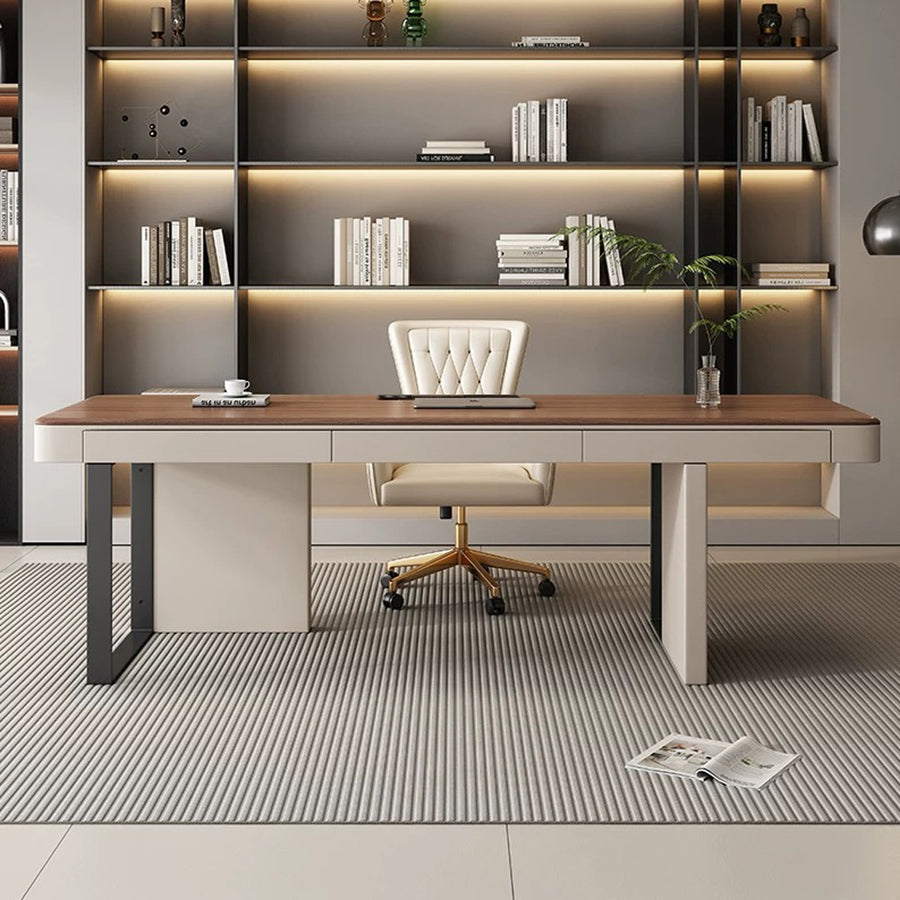 Elena Modern Office Desk, Wood, Cream & Walnut