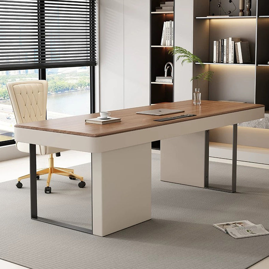 Elena Modern Office Desk, Wood, Cream & Walnut