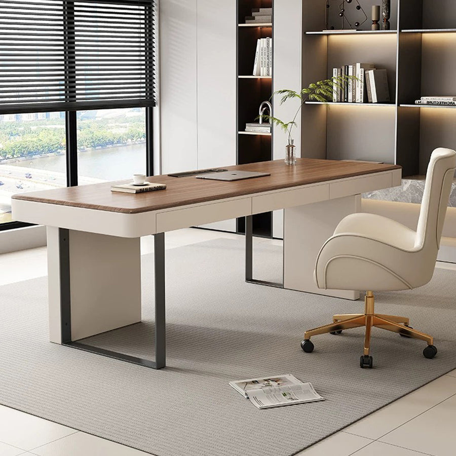 Elena Modern Office Desk, Wood, Cream & Walnut