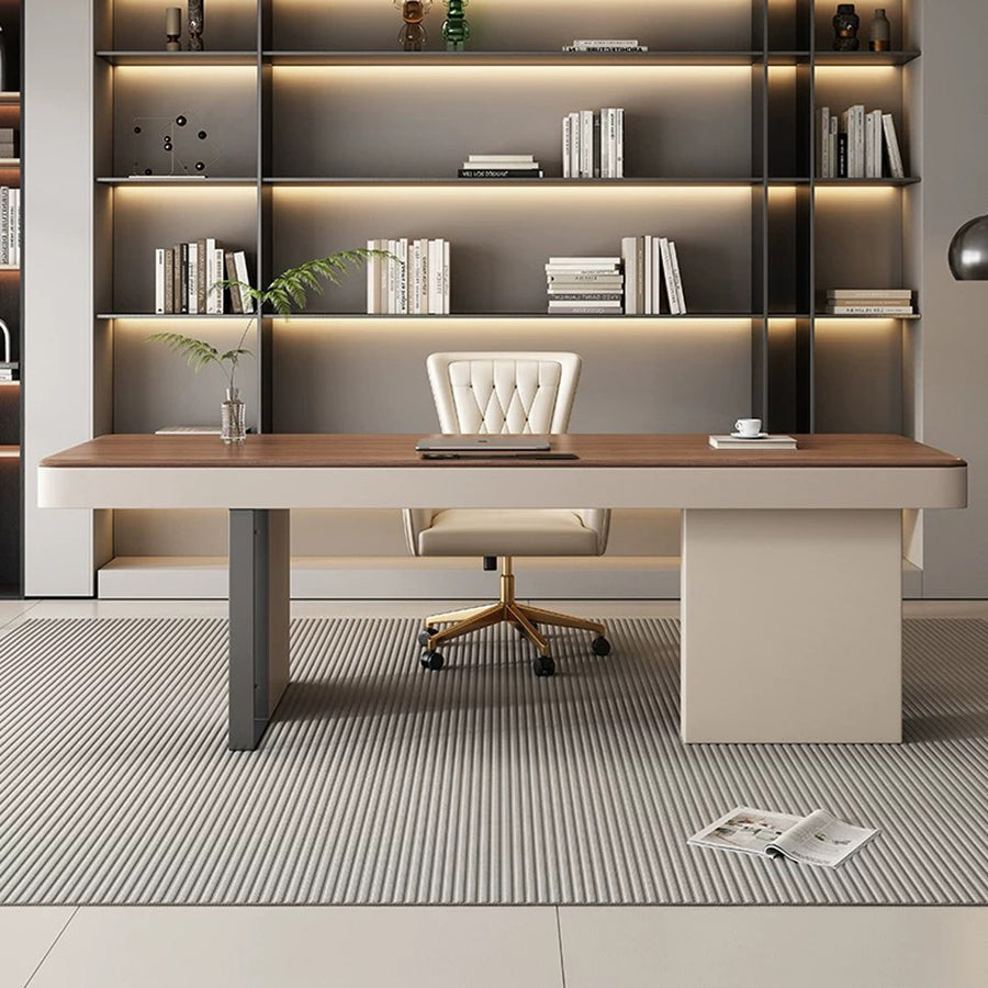 Elena Modern Office Desk, Wood, Cream & Walnut