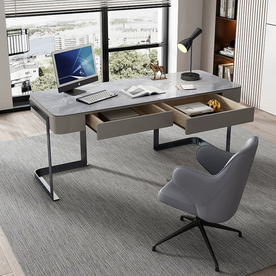Leila Home Office Desk With Drawers, Grey & Gold