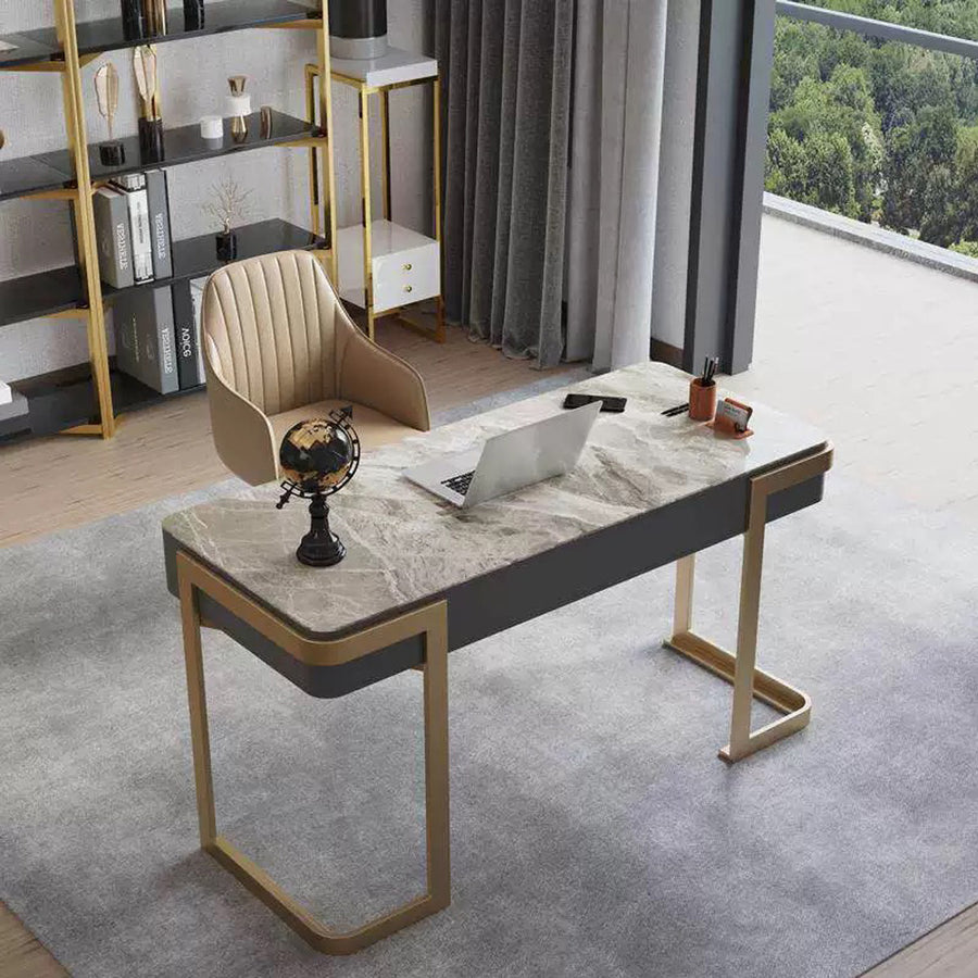 Leila Home Office Desk With Drawers, Grey & Gold