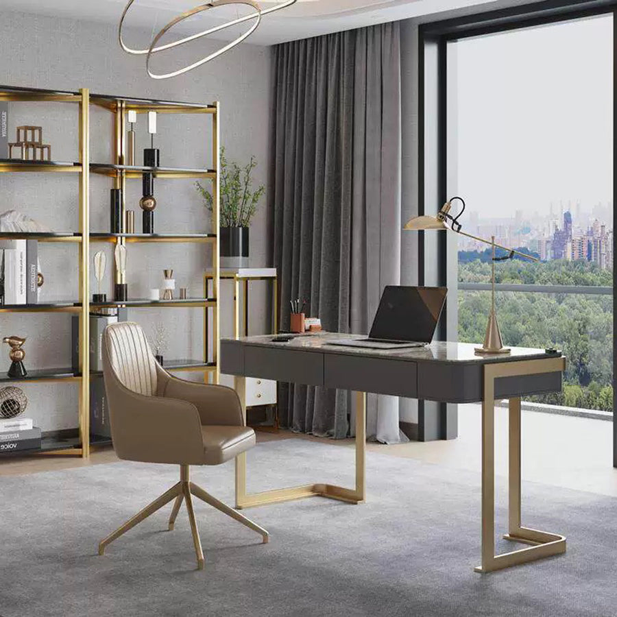 Leila Home Office Desk With Drawers, Grey & Gold