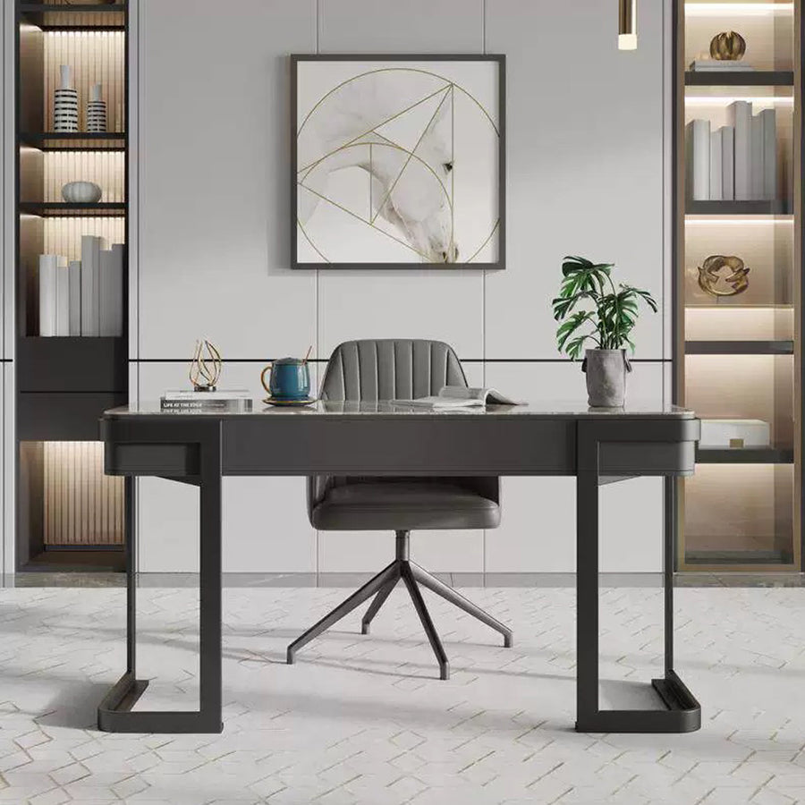 Leila Home Office Desk With Drawers, Grey & Gold