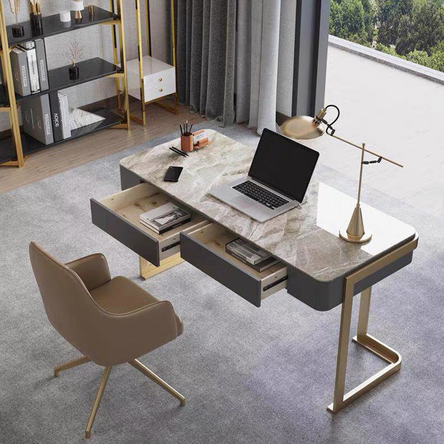 Leila Home Office Desk With Drawers, Grey & Gold