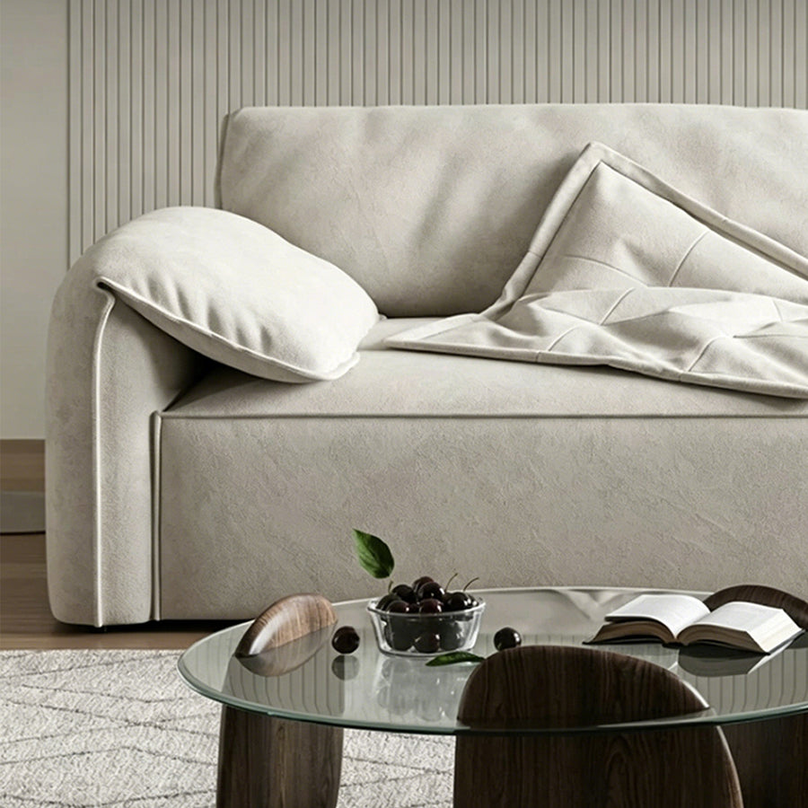 Calista Two Seater Sofa, Suede side view and sofa proportion