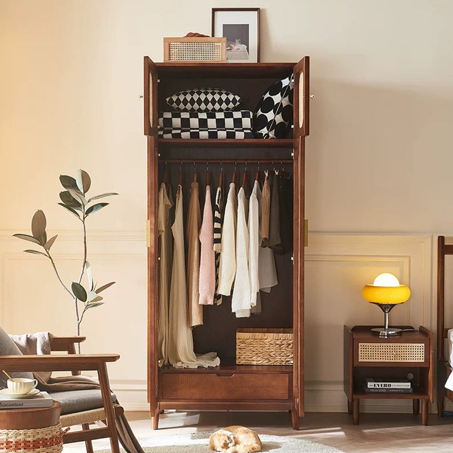 Evelyn Two Door Wardrobe, Solid Wood & Rattan
