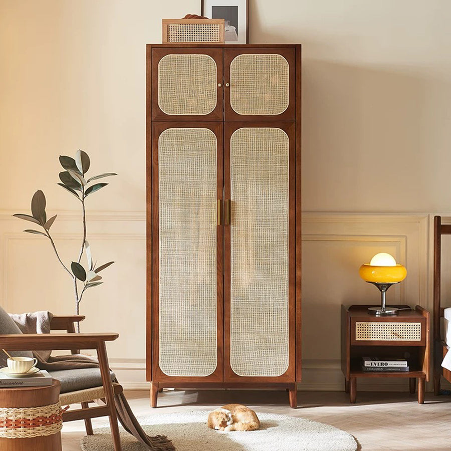 Evelyn Two Door Wardrobe, Solid Wood & Rattan