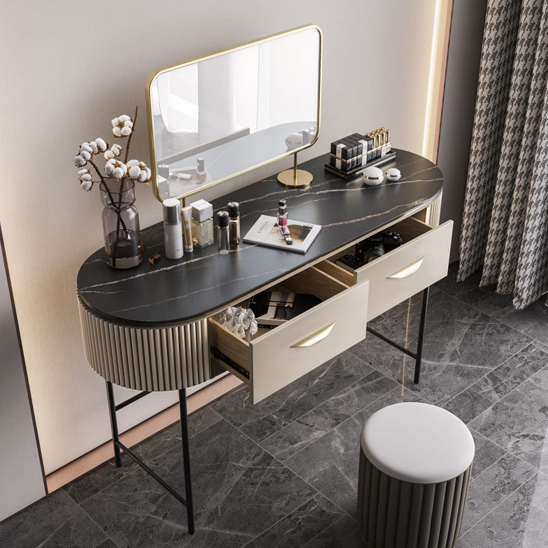 Boris Drawer Dressing Table with Mirror and Stool lifestyle view with modern dressing table with mirror and stool
