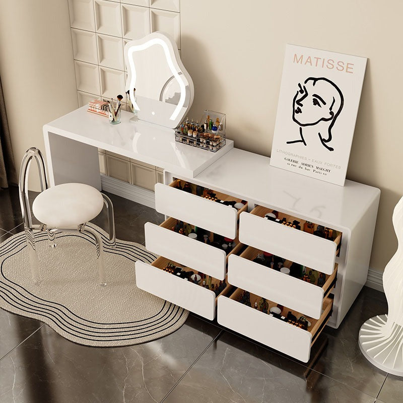 Aubrey Dressing Table Set With Side Drawer lifestyle view with white wooden dressing table