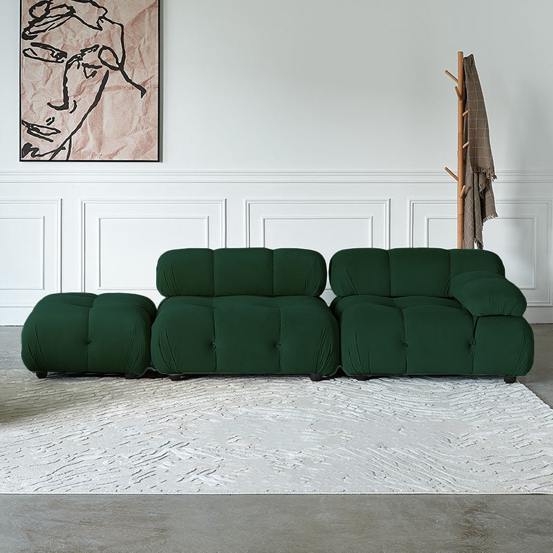 Green B&B Camaleonda Style Sofa, Two Seater, Three Seater, Two Seater Corner Sofa, Velvet lifestyle view with velvet two seater sofa