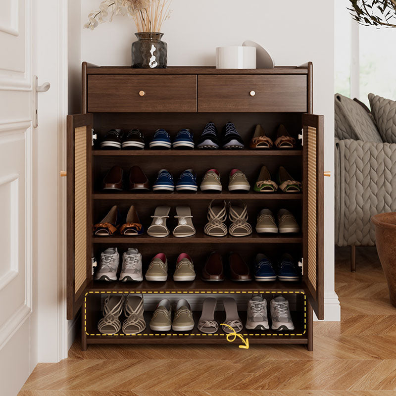 Ingrid Rattan Shoe Storage, Rubber Wood detail view for narrow shoe storage cabinet