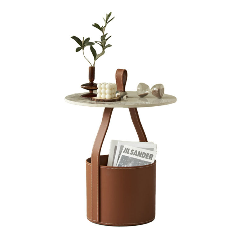 Dottie Portable Side Table with a Storage Basket detail view for leather side table