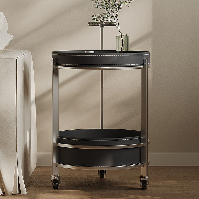 Willis Round Side Table, Movable Trolly, Black - leather side table