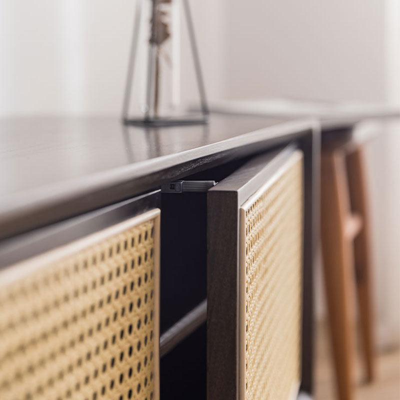 Tawny Rattan TV Stand lifestyle view with wood metal tv stand