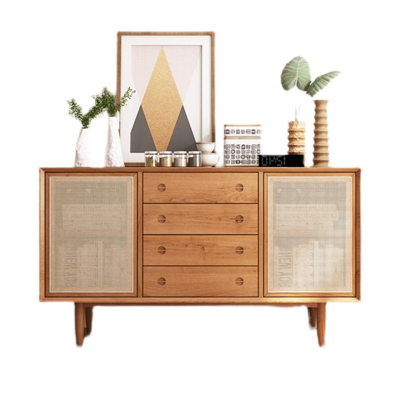Evadne Rattan Sideboard with 2 Doors and 4 Drawers, Pine Wood - 2 rattan storage sideboard