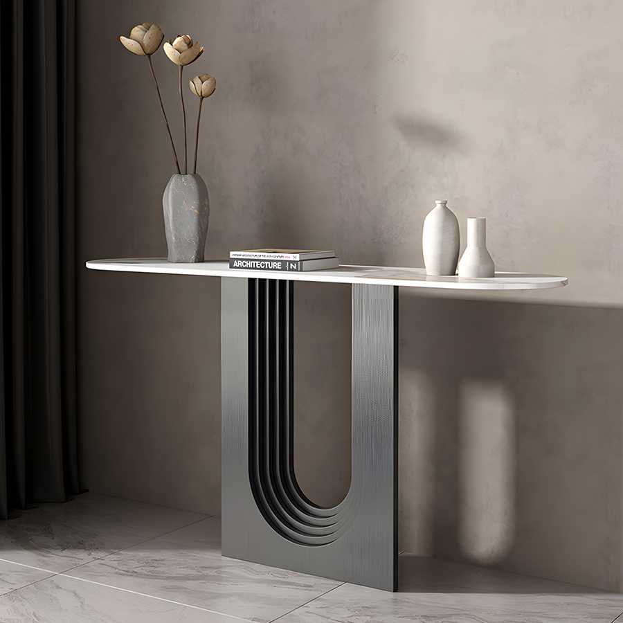 Khoisan Console Table For Hallways, Black & Gold styled for white hallway console table
