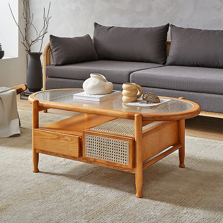 Alethea Rattan Coffee Table, Glass & Solid Wood - rattan coffee table UK