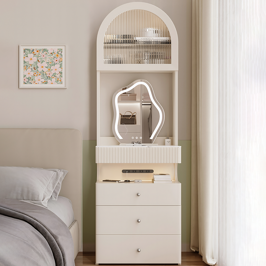 Lia Slimline Dressing Table, With USB Port, LED Mirror & Stool lifestyle view with mirrored glass dressing table