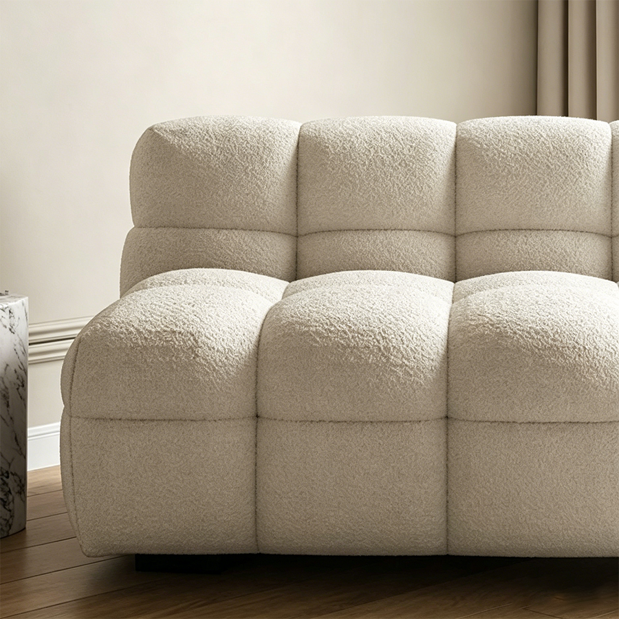 Cora Single Seater, Two Seater Sofa, Lazy Sofa, Boucle upholstery and cushion detail