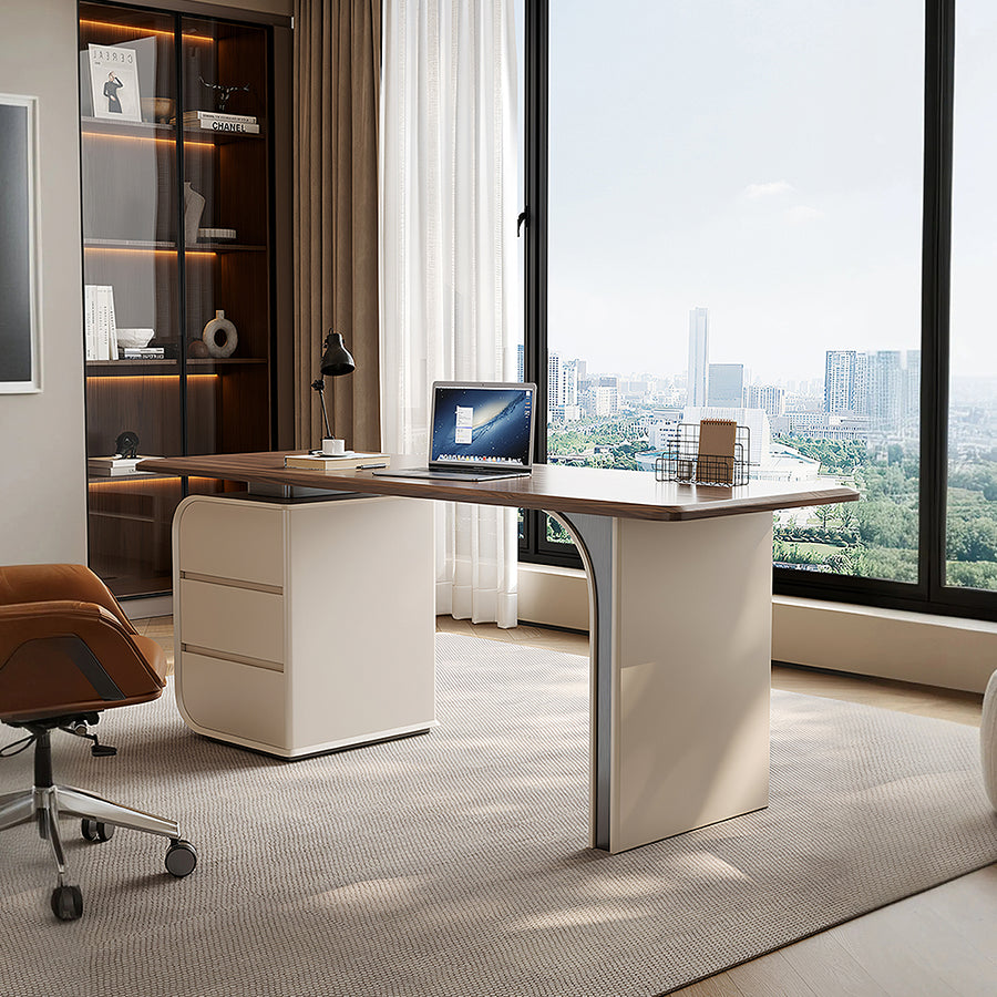 Ahn Office Desk With Storage, Walnut & Cream - walnut office desk UK