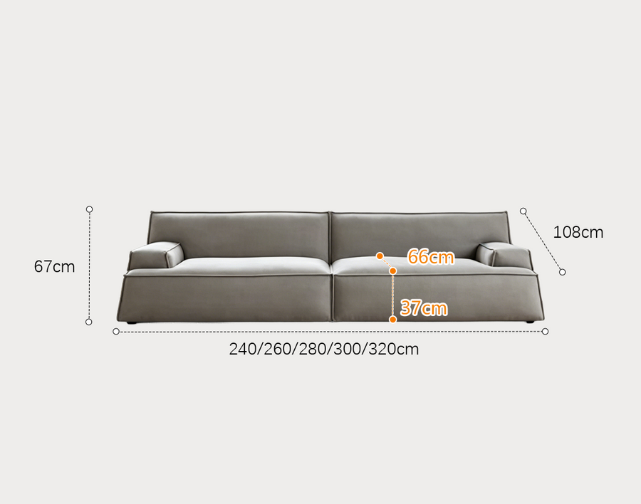 Fanny Two Seater, Three Seater, Four Seater Sofa, Suede side view and sofa proportion