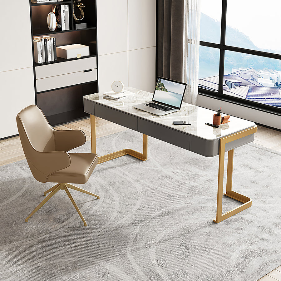 Leila Home Office Desk With Drawers, Grey & Gold - grey office desk UK