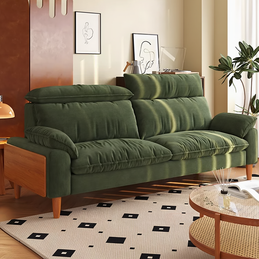 Rodríguez Two Seater, Three Seater, Four Seater Corduroy Sofa, Green, Ash Wood for modern UK living room