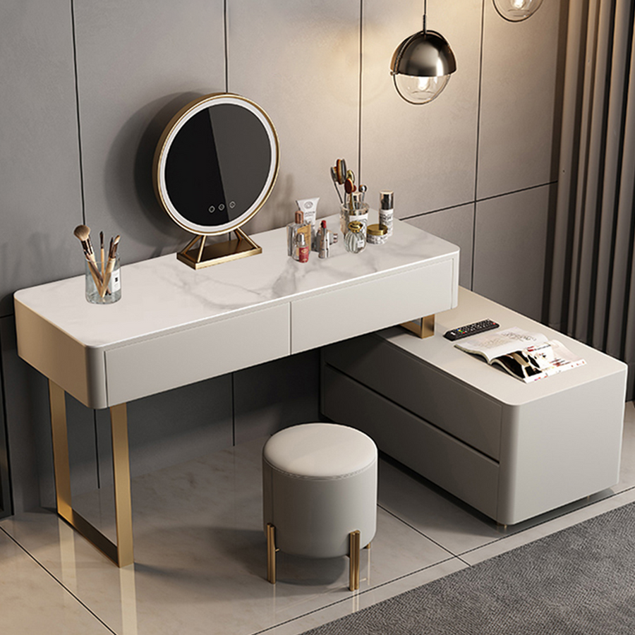 Hastings Corner Dressing Table With Sideboard & Mirror lifestyle view with corner mirrored dressing table