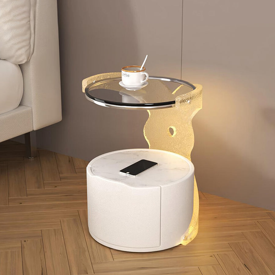 Hutton Round Bedside Table With Storage & Light Strip - hutton round bedside light bedside table UK