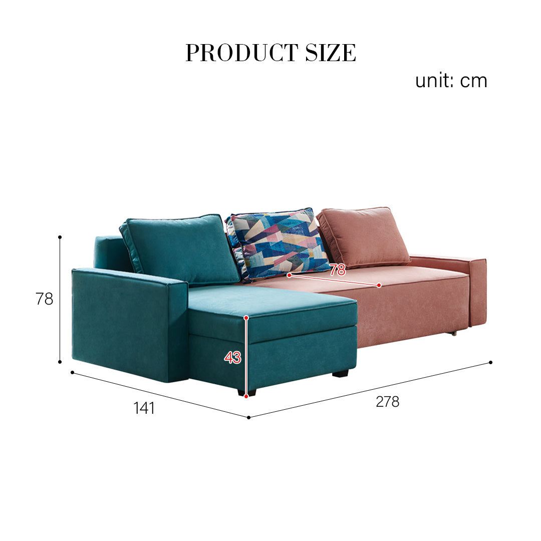 Adnan L Shape Three Seater Corner Sofa Bed, With Storage, Blue & Pink