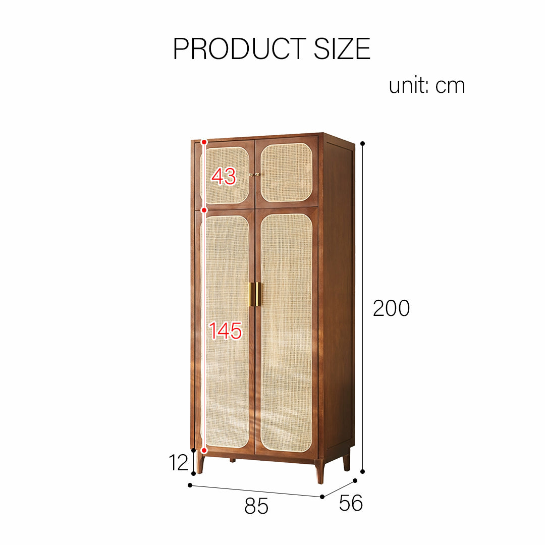 Evelyn Two Door Wardrobe, Solid Wood & Rattan
